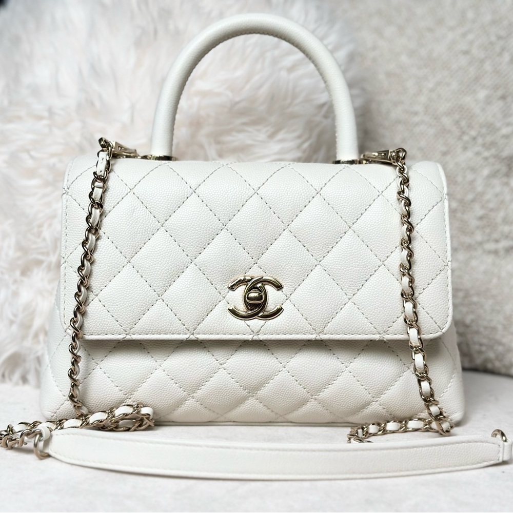 Chanel 21A Coco Top Handle White Caviar Small w/Microchipped Flap Bag